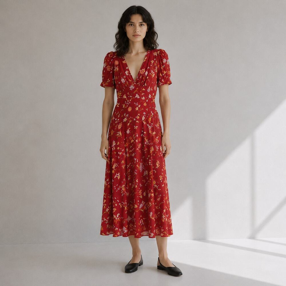 Reformation Naira Midi Dress Womens 4 Red Floral Short Sleeve Relaxed